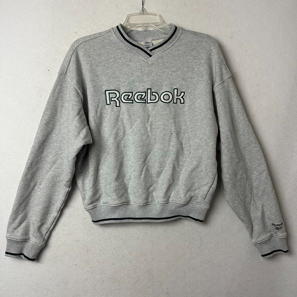 Reebok Mens V-Neck Sweatshirt Gray Embroidered Logo Pullover Size Small